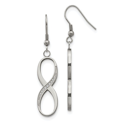 Stainless Steel Chisel Polished With Cz Infinity Dangle Shepherd Hook Earrings