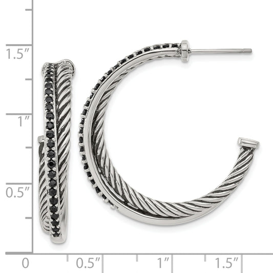 Stainless Steel Polished & Antiqued Twisted Black Cz Post Hoop Earrings