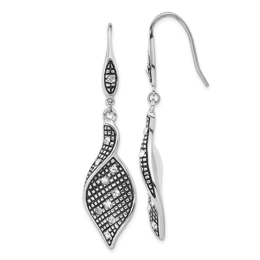 Stainless Steel Polished & Antiqued Crystal Shepherd Hook Dangle Earrings