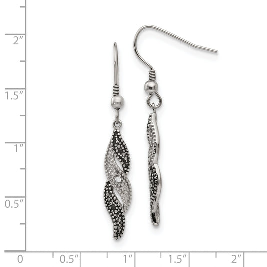 Stainless Steel Chisel Antiqued And Polished Cz Dangle Shepherd Hook Earrings