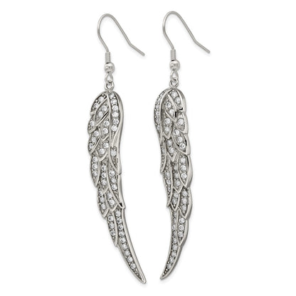Stainless Steel Polished W/Cz Dangle Shepherd Hook Earrings