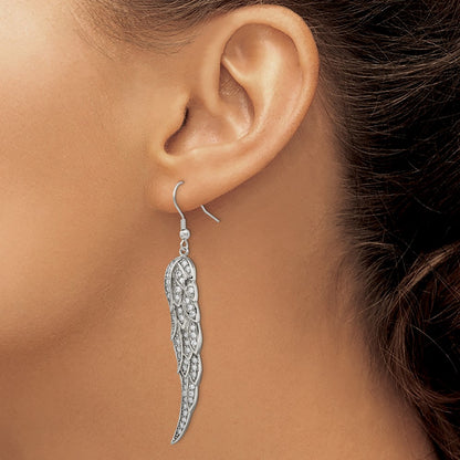 Stainless Steel Polished W/Cz Dangle Shepherd Hook Earrings