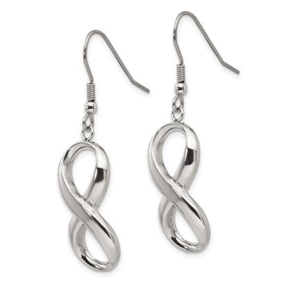 Stainless Steel Chisel Polished Infinity Dangle Shepherd Hook Earrings