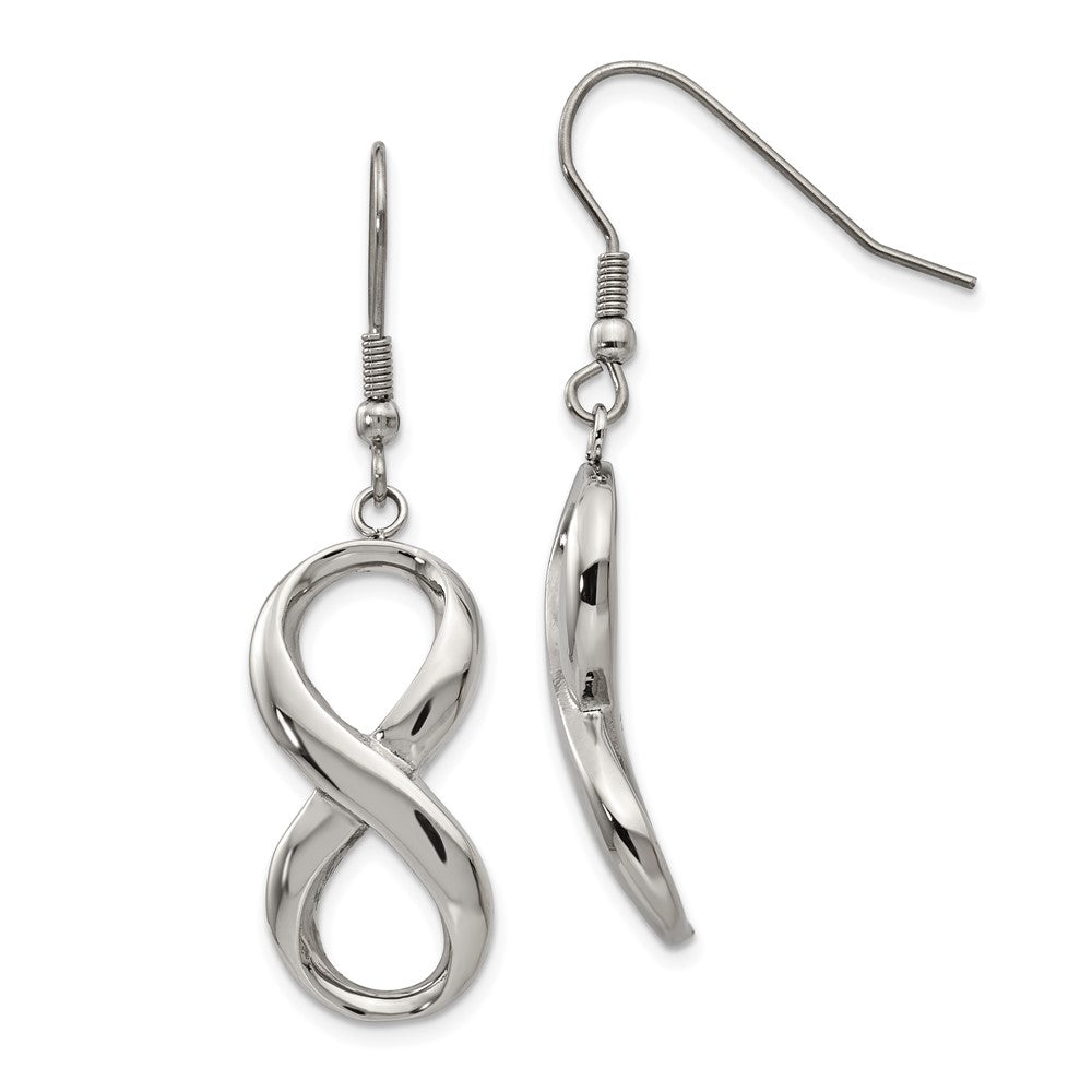 Stainless Steel Chisel Polished Infinity Dangle Shepherd Hook Earrings