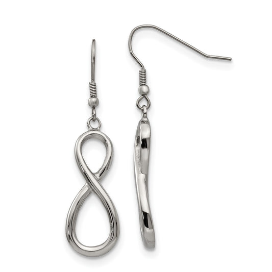 Stainless Steel Chisel Polished Infinity Dangle Shepherd Hook Earrings