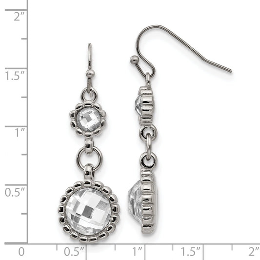 Stainless Steel Polished Grey Glass Dangle Shepherd Hook Earrings