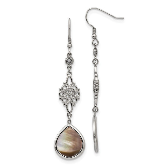 Stainless Steel Chisel Polished Black Mother Of Pearl And Cz Dangle Shepherd Hook Earrings