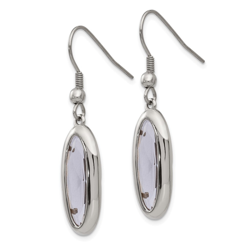 Stainless Steel Chisel Polished Grey Glass Oval Dangle Shepherd Hook Earrings