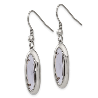 Stainless Steel Chisel Polished Grey Glass Oval Dangle Shepherd Hook Earrings