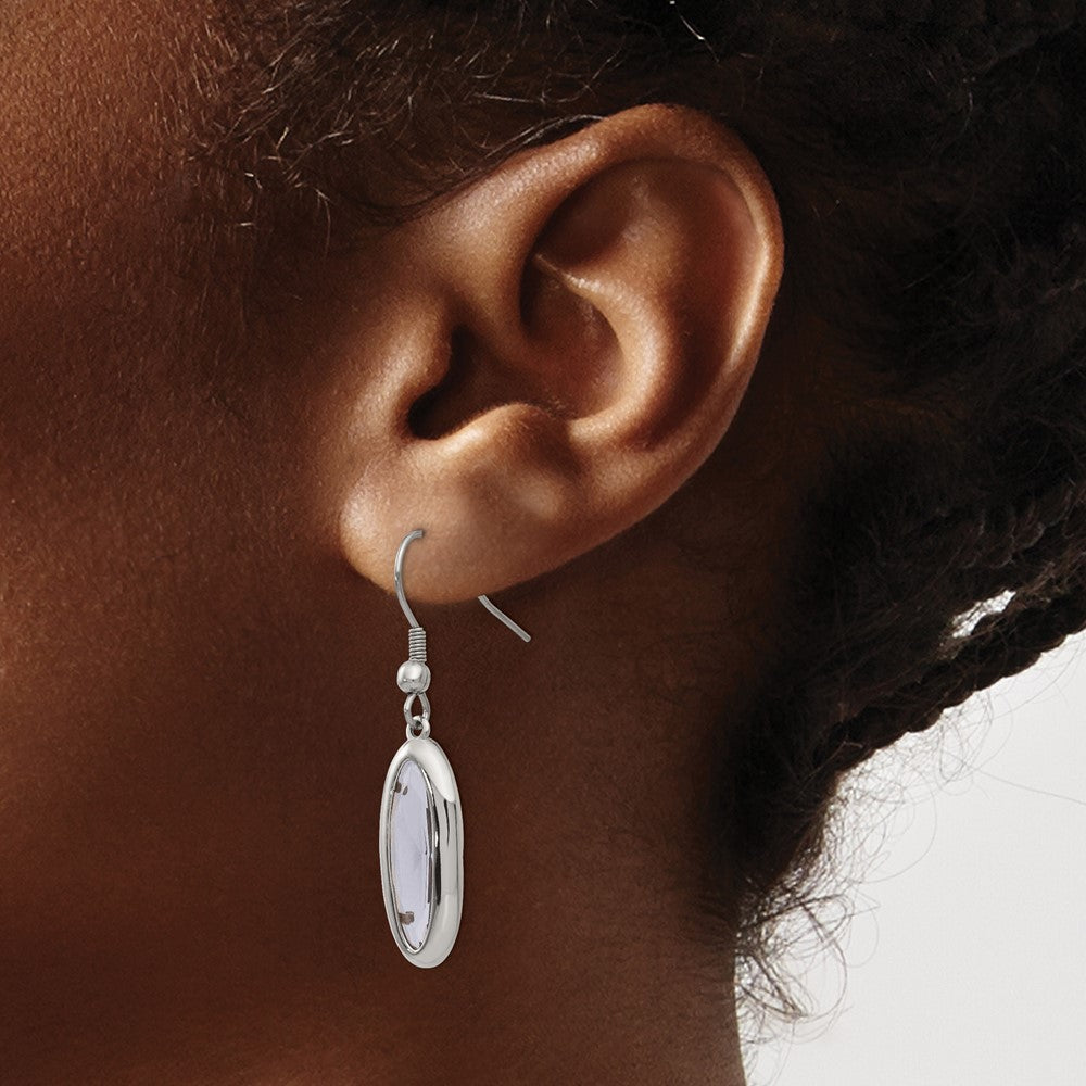 Stainless Steel Chisel Polished Grey Glass Oval Dangle Shepherd Hook Earrings