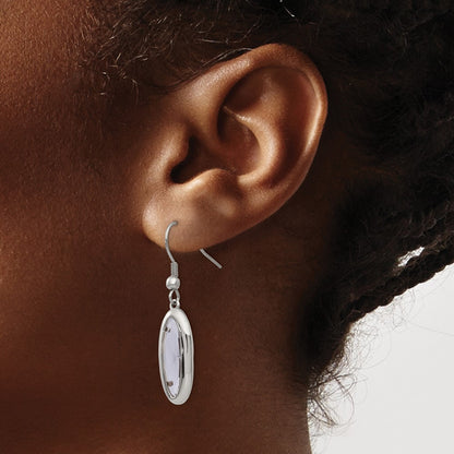 Stainless Steel Chisel Polished Grey Glass Oval Dangle Shepherd Hook Earrings