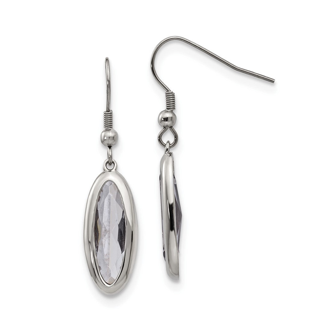 Stainless Steel Chisel Polished Grey Glass Oval Dangle Shepherd Hook Earrings