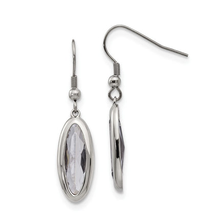 Stainless Steel Chisel Polished Grey Glass Oval Dangle Shepherd Hook Earrings
