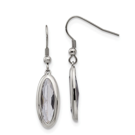 Stainless Steel Chisel Polished Grey Glass Oval Dangle Shepherd Hook Earrings