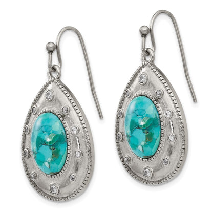 Stainless Steel Chisel Polished Imitation Turquoise And Cz Dangle Shepherd Hook Earrings