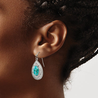 Stainless Steel Chisel Polished Imitation Turquoise And Cz Dangle Shepherd Hook Earrings