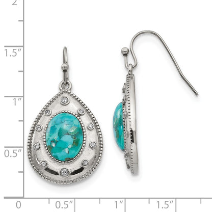 Stainless Steel Chisel Polished Imitation Turquoise And Cz Dangle Shepherd Hook Earrings