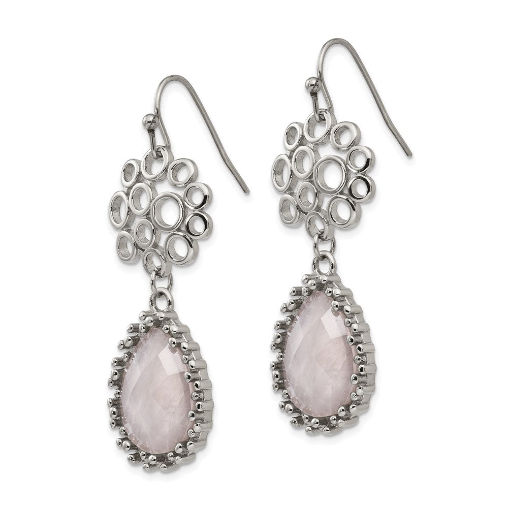 Stainless Steel Polished Rose Quartz Dangle Shepherd Hook Earrings