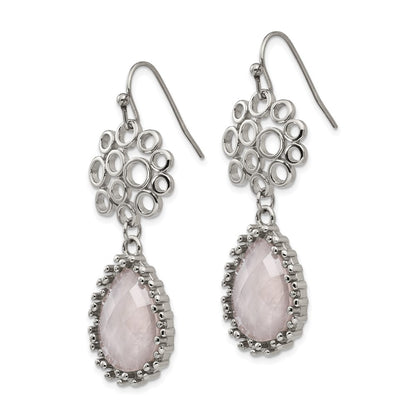 Stainless Steel Polished Rose Quartz Dangle Shepherd Hook Earrings