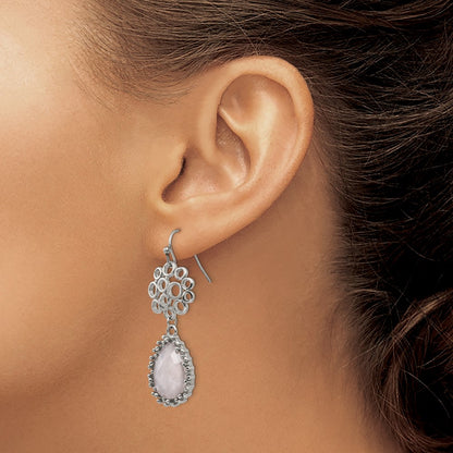 Stainless Steel Polished Rose Quartz Dangle Shepherd Hook Earrings