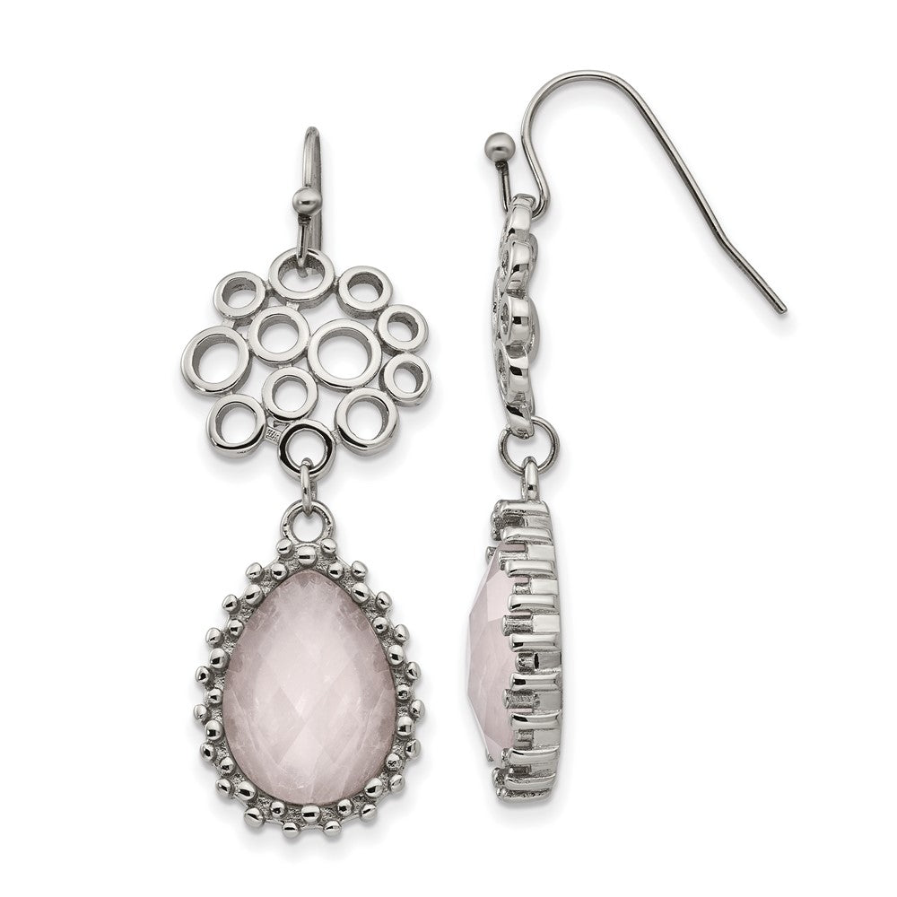 Stainless Steel Polished Rose Quartz Dangle Shepherd Hook Earrings
