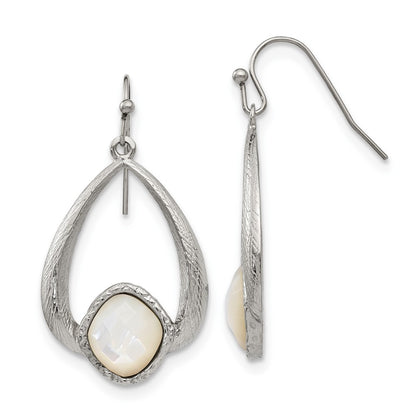 Stainless Steel Chisel Polished And Textured Mother Of Pearl Dangle Shepherd Hook Earrings