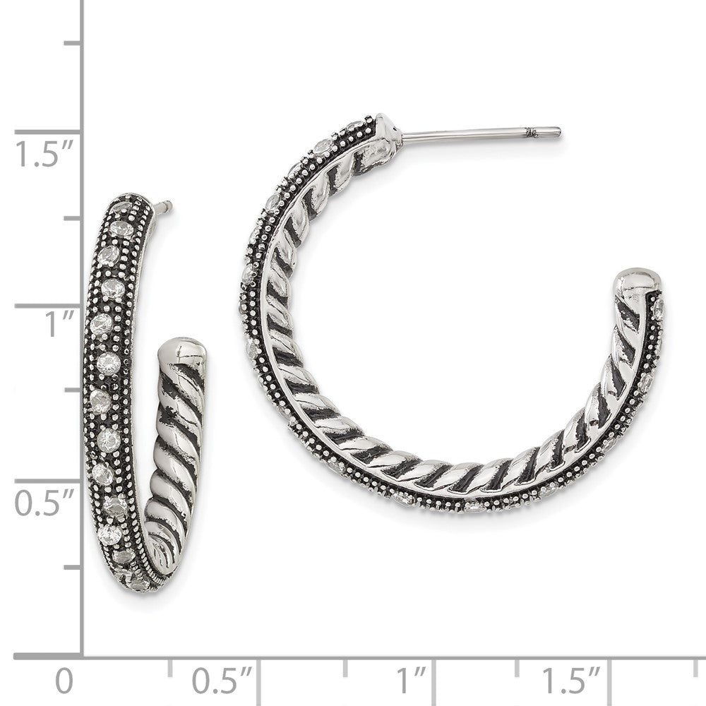 Stainless Steel Polished & Antiqued Cz Post Hoop Earrings