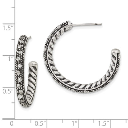 Stainless Steel Polished & Antiqued Cz Post Hoop Earrings