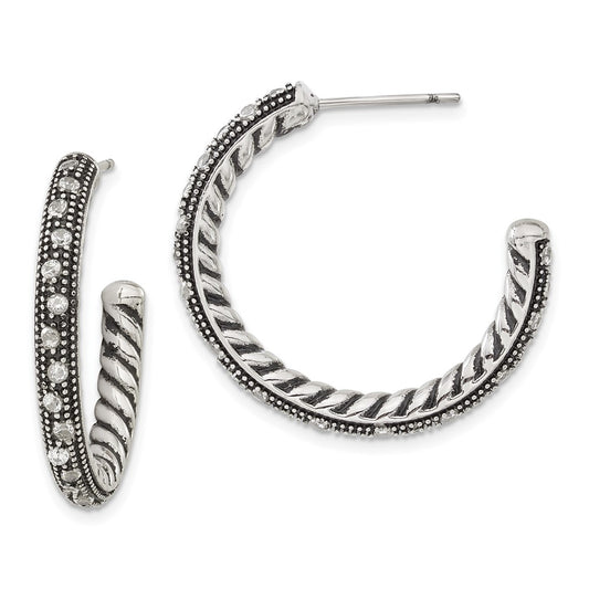 Stainless Steel Polished & Antiqued Cz Post Hoop Earrings