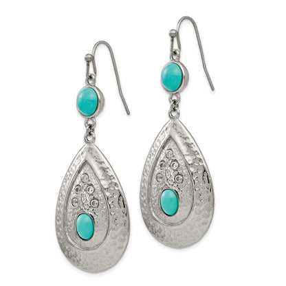 Stainless Steel Chisel Polished Hammered With Imitation Turquoise And Cz Dangle Shepherd Hook Earrings