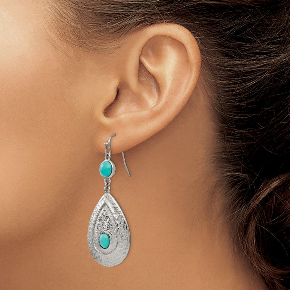 Stainless Steel Chisel Polished Hammered With Imitation Turquoise And Cz Dangle Shepherd Hook Earrings