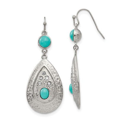 Stainless Steel Chisel Polished Hammered With Imitation Turquoise And Cz Dangle Shepherd Hook Earrings