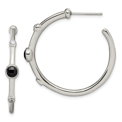 Stainless Steel Chisel Polished With Black Onyx And Cz Post Hoop Earrings