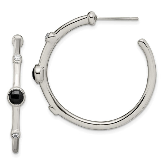 Stainless Steel Chisel Polished With Black Onyx And Cz Post Hoop Earrings