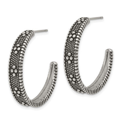 Stainless Steel Polished And Antiqued Post Round Hoop Earrings
