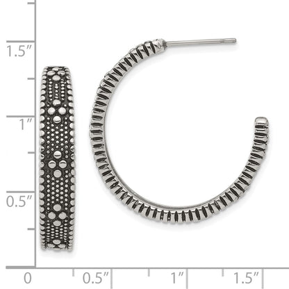 Stainless Steel Polished And Antiqued Post Round Hoop Earrings
