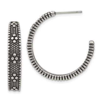 Stainless Steel Polished And Antiqued Post Round Hoop Earrings