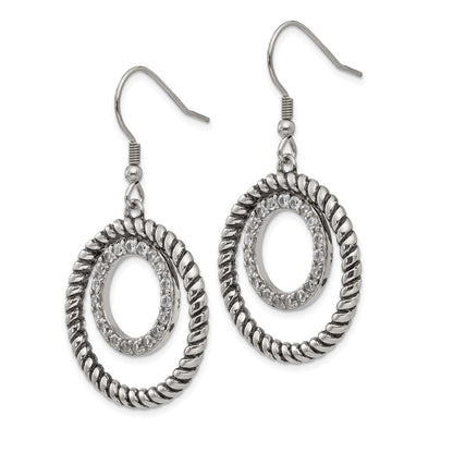 Stainless Steel Antiqued And Polished W/Cz Circle Dangle Earrings