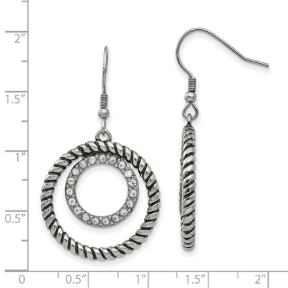Stainless Steel Antiqued And Polished W/Cz Circle Dangle Earrings