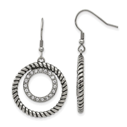 Stainless Steel Antiqued And Polished W/Cz Circle Dangle Earrings