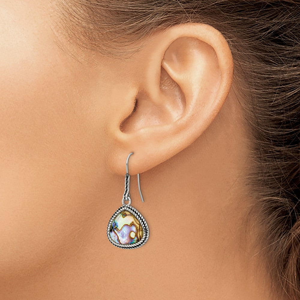 Stainless Steel Antiqued And Polished Imitation Abalone Dangle Earrings