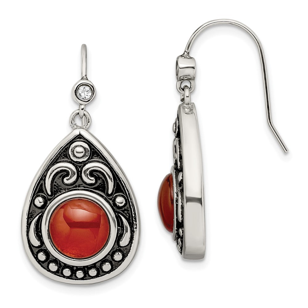 Stainless Steel Antiqued And Polished Red Agate & Cz Dangle Earrings