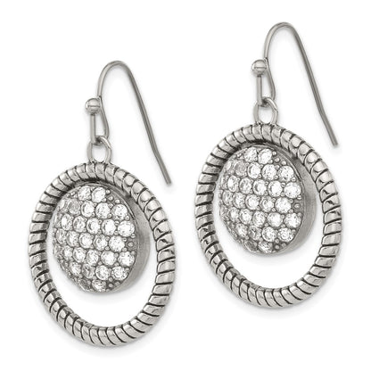 Stainless Steel Polished & Antiqued Cz Circle Dangle Earrings