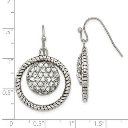 Stainless Steel Polished & Antiqued Cz Circle Dangle Earrings