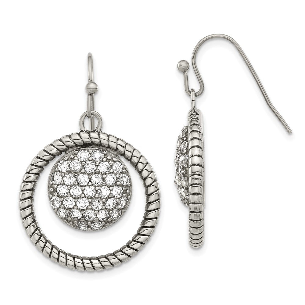 Stainless Steel Polished & Antiqued Cz Circle Dangle Earrings