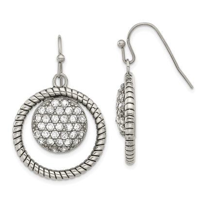 Stainless Steel Polished & Antiqued Cz Circle Dangle Earrings