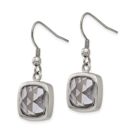 Stainless Steel Chisel Polished Square Grey Glass Dangle Shepherd Hook Earrings