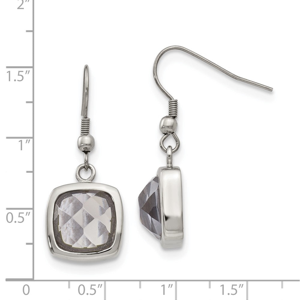 Stainless Steel Chisel Polished Square Grey Glass Dangle Shepherd Hook Earrings