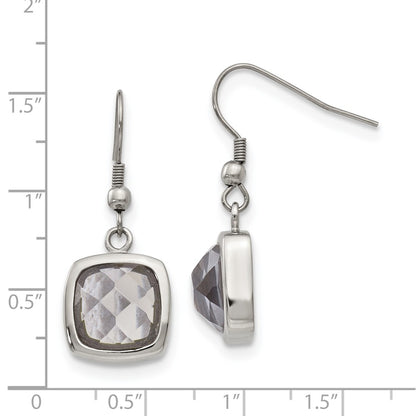 Stainless Steel Chisel Polished Square Grey Glass Dangle Shepherd Hook Earrings