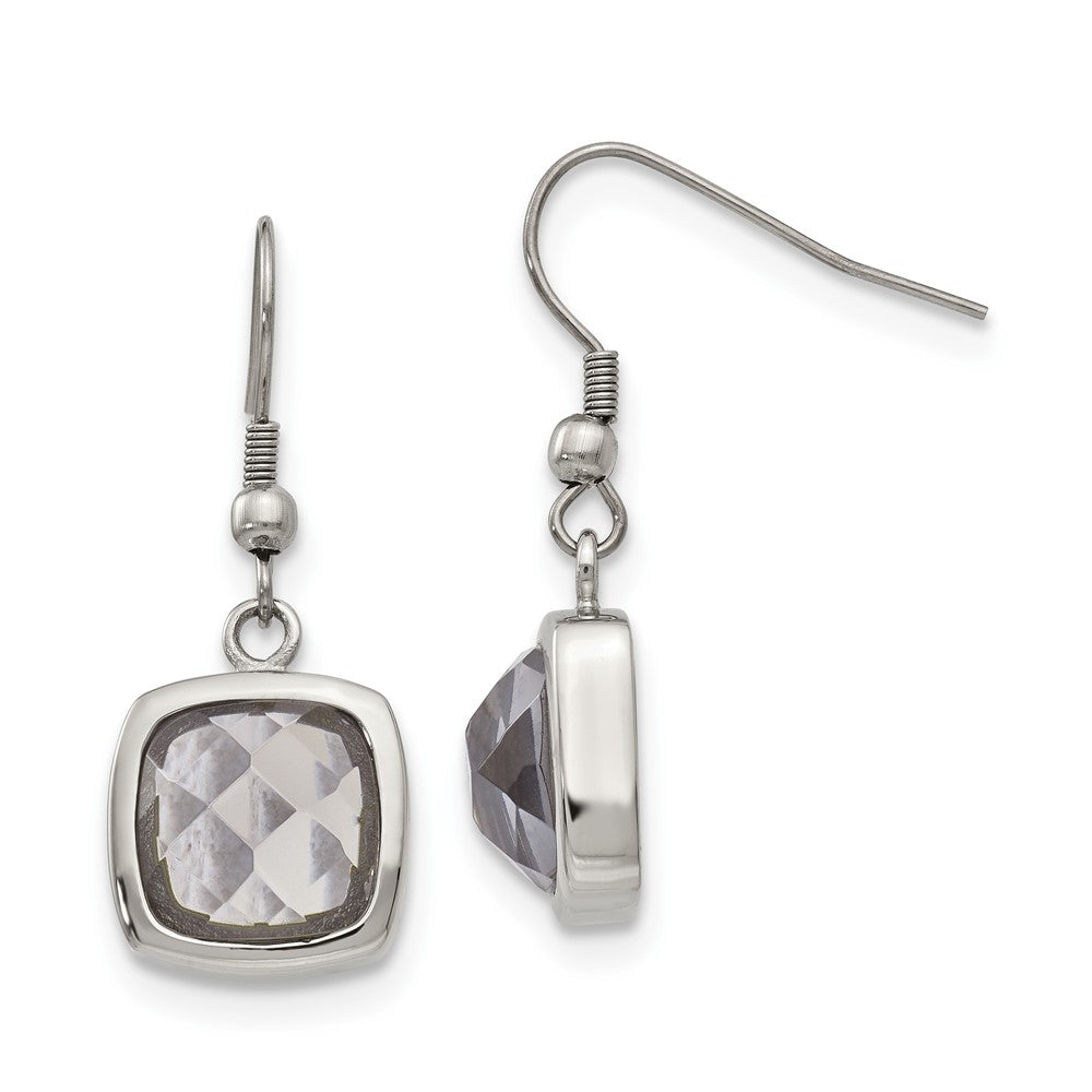 Stainless Steel Chisel Polished Square Grey Glass Dangle Shepherd Hook Earrings